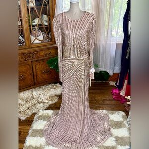 Mac Duggal Embellished Puff Sleeve Side Knot Gown in Mocha